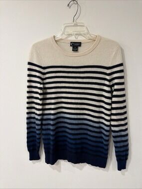 C By Bloomingdales Cashmere Ombre Ivory Blue Striped Pullover Sweater Medium